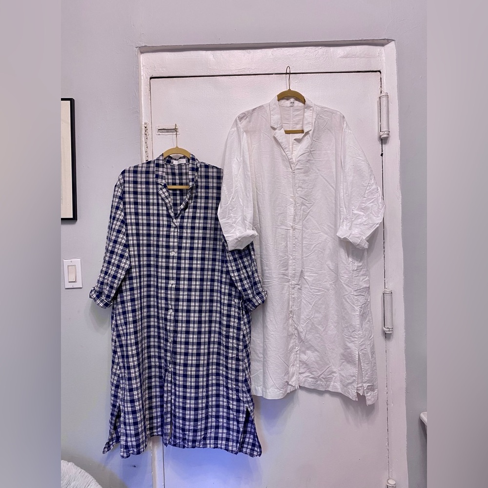 TWO Oversized Linen Dresses Blue Plaid & White from Uniqlo Size Medium